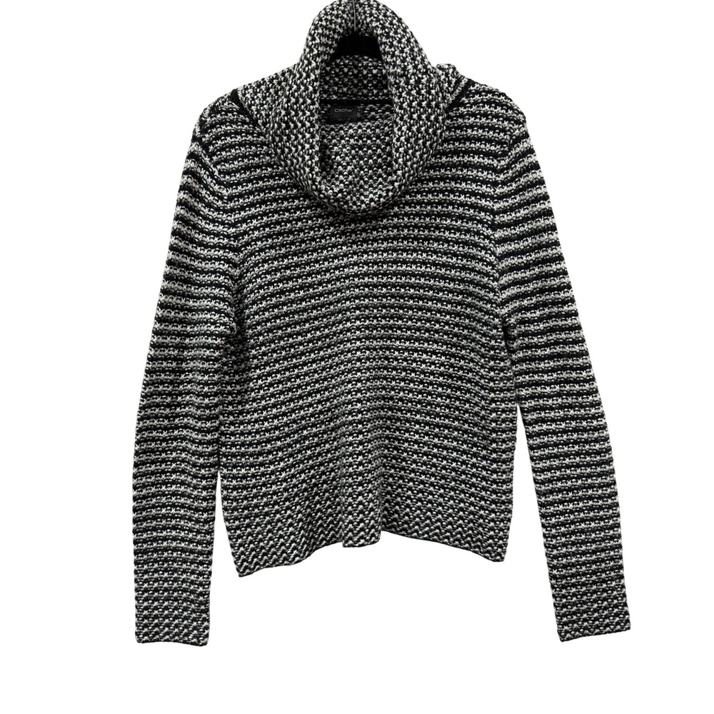 Cliche Couture Women's Black White Striped Cowl Neck Sweater Size L‎